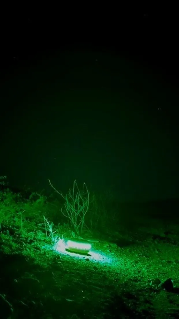 Close view of a BreachON marker glowing in vegetation at night